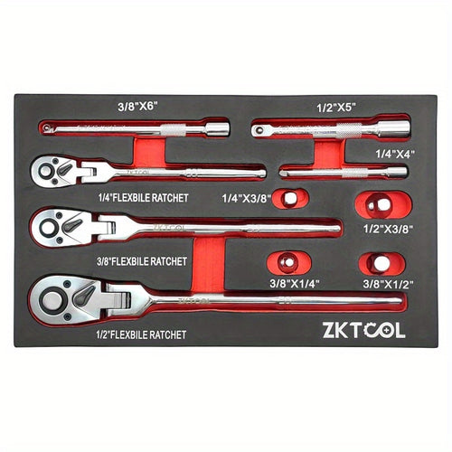 10pcs Flex Head Ratchet Set, 1/ 4", 3/ 8", 1/ 2" Drive, Swivel Head Ratchet Wrench with Extension Bar