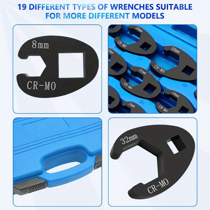 3/ 8" And 1/ 2" Drive Jumbo Crowfoot Flare Nut Wrench Set, 19pcs Metric Tool 8 to 32Mm Sizes, Flare Nut Wrench Set for 3/ 8In And 1/ 2In Drive Ratchet