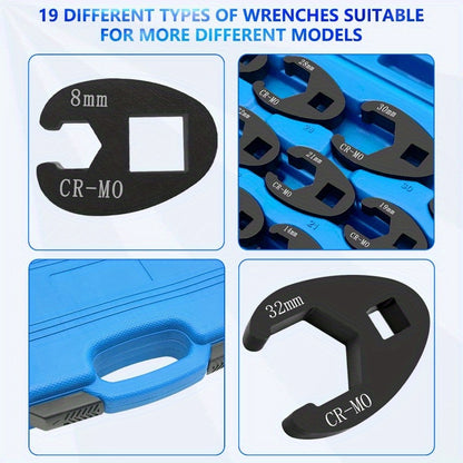 3/ 8" And 1/ 2" Drive Jumbo Crowfoot Flare Nut Wrench Set, 19pcs Metric Tool 8 to 32Mm Sizes, Flare Nut Wrench Set for 3/ 8In And 1/ 2In Drive Ratchet