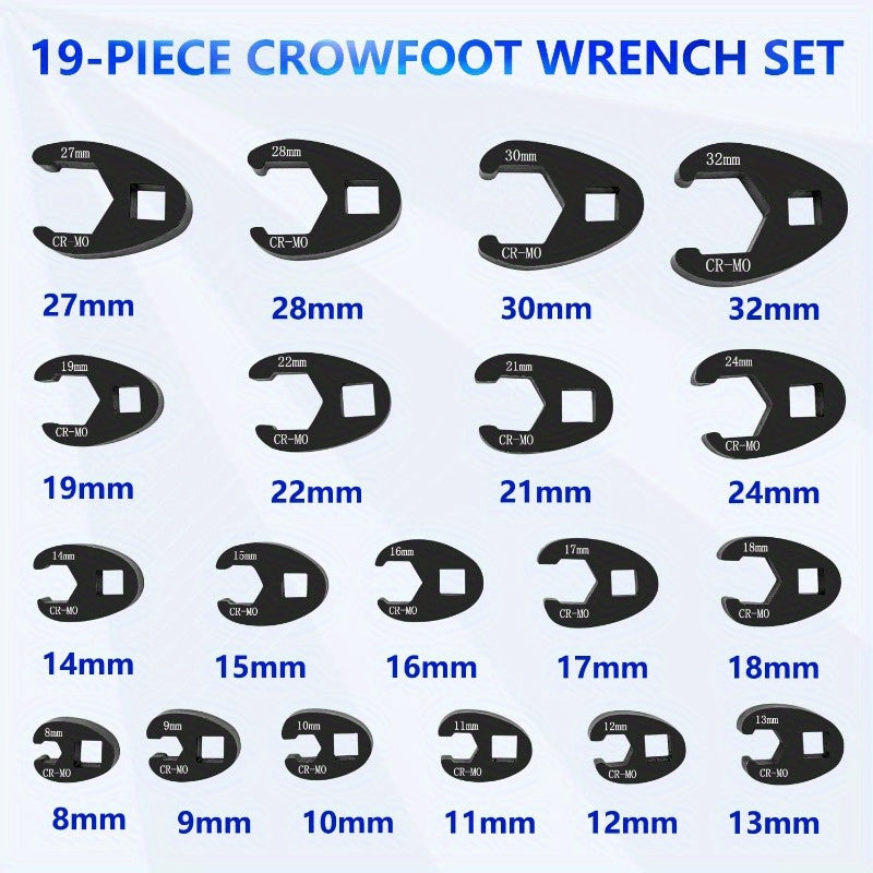 3/ 8" And 1/ 2" Drive Jumbo Crowfoot Flare Nut Wrench Set, 19pcs Metric Tool 8 to 32Mm Sizes, Flare Nut Wrench Set for 3/ 8In And 1/ 2In Drive Ratchet