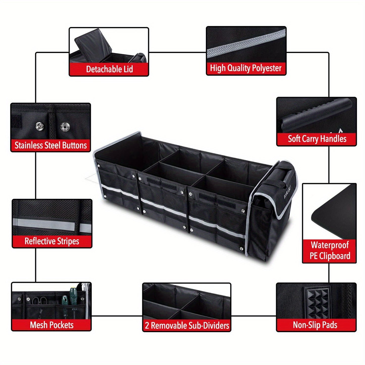 Collapsible Trunk Organizer for Car with Insulated Leak Proof Cooler Bag, 3 Compartments SUV Cargo Organizer Removable Dividers, 5 in1 Car Storage Organizer with Foldable Lid, 2 Tie-Down Straps
