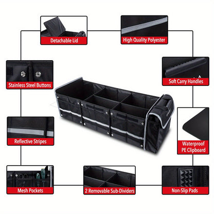 Collapsible Trunk Organizer for Car with Insulated Leak Proof Cooler Bag, 3 Compartments SUV Cargo Organizer Removable Dividers, 5 in1 Car Storage Organizer with Foldable Lid, 2 Tie-Down Straps