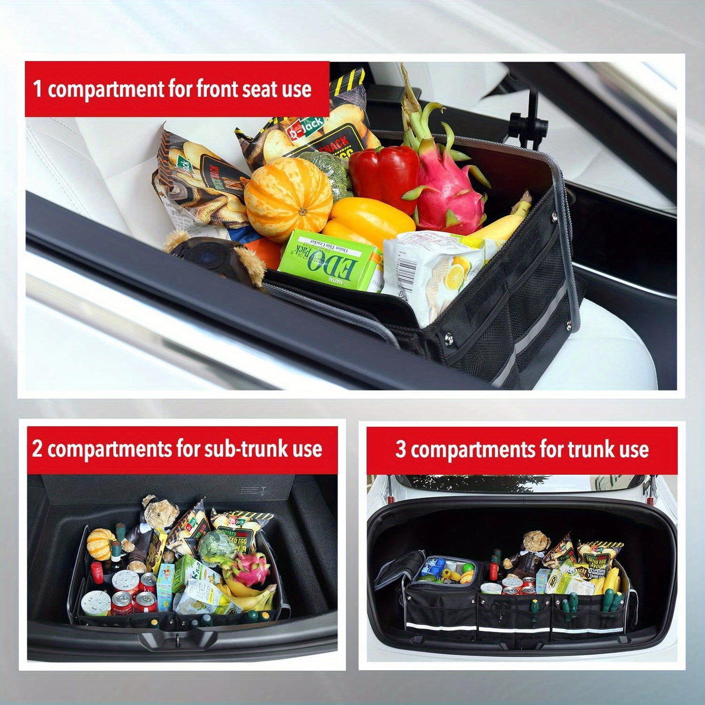 Collapsible Trunk Organizer for Car with Insulated Leak Proof Cooler Bag, 3 Compartments SUV Cargo Organizer Removable Dividers, 5 in1 Car Storage Organizer with Foldable Lid, 2 Tie-Down Straps