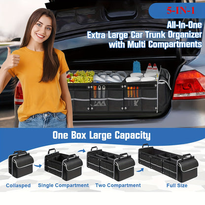 Collapsible Trunk Organizer for Car with Insulated Leak Proof Cooler Bag, 3 Compartments SUV Cargo Organizer Removable Dividers, 5 in1 Car Storage Organizer with Foldable Lid, 2 Tie-Down Straps