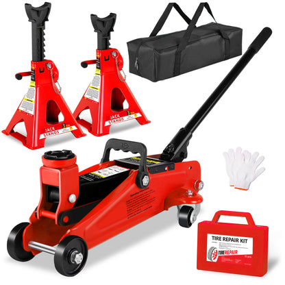 2/2.5/3 Ton Capacity, Jack Kit Low Profile Hydraulic Trolley Service/Floor Jack Combo, Multiple Meal Plans to Choose from 3 Ton Jack Stands 2PCS, Tire Repair Kit, 14-inch Wheel Cross Wrench, Wheel Chock, Jack Accessories Red/Blue