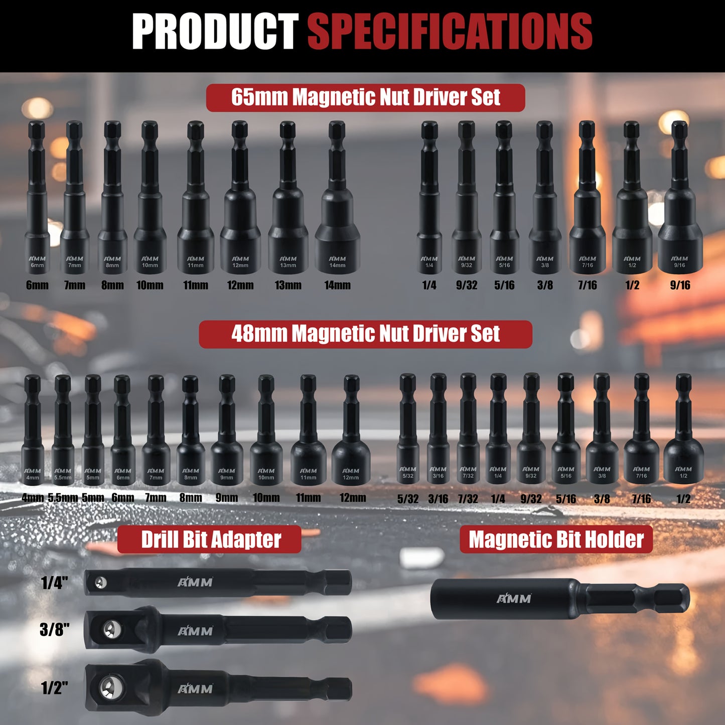AMM 39pcs Magnetic Nut Driver Kit for Impact Drills, Featuring Both Metric And SAE Impact Driver Bits, a Bit Extension, And a Drill Bit Adapter with a 1/4" Hex Shank Made of Cr-V Steel