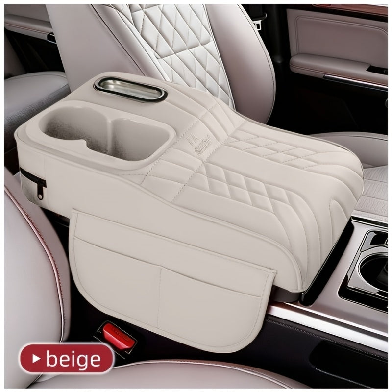 A Car Center Armrest Pad Designed to Elevate Height, Featuring a Tissue Box And a Cup Holder, Available in Various Colors for Storage