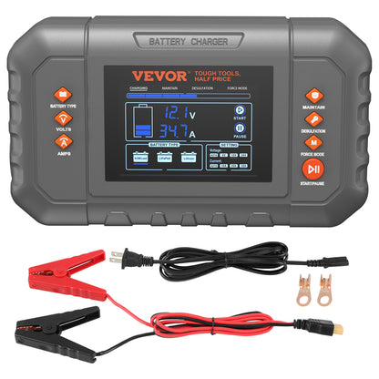 VEVOR Smart Battery Charger, 35-Amp, Lithium LiFePO4 Lead-Acid (AGM/Gel/SLA) Car Battery Charger with LCD Display, Trickle Charger Maintainer Desulfator for Boat Motorcycle Lawn Mower Deep Cycle