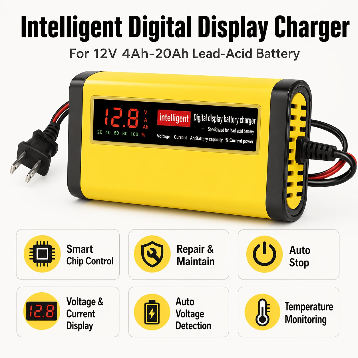 12V Intelligent Car Battery Charger - Intelligent Trickle Maintainer And Desulfurizer - Advanced Temperature Compensation Motorcycle Battery Charger for All 2Ah-100Ah Batteries, Car, Truck, Lawn Mower Battery Charger