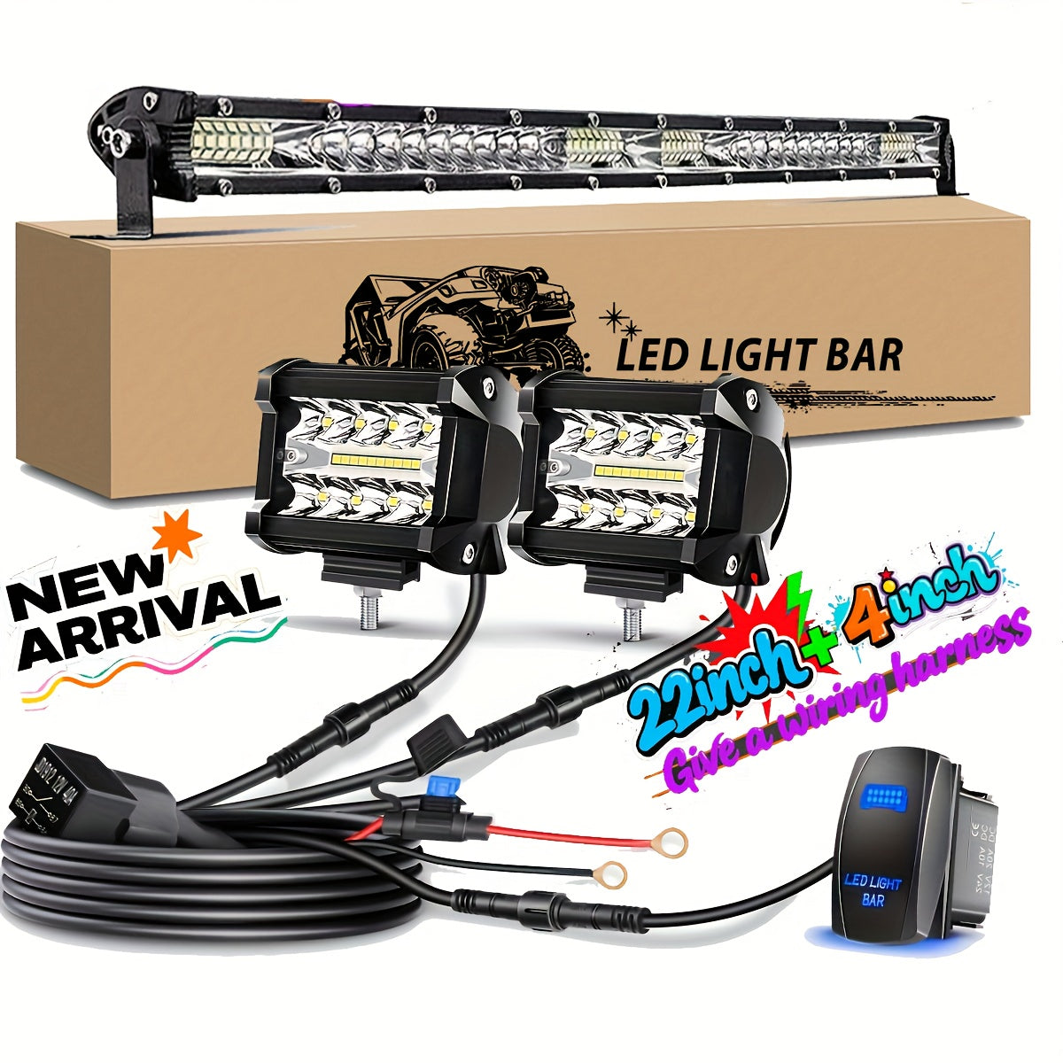 Various Combinations of 4"-21" [Long Strip Lights And Short LED Work Lights] for You to Choose from - Offroad for Jeep Truck Car, Without Battery