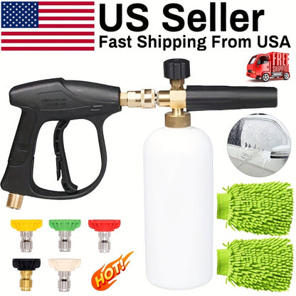 High Pressure Car Wash Foam Gun, M22-14 Thread, Heavy Duty Brass Neck with O-Ring Leak-Proof, 33.81oz Bottle, Multi-One Nozzle, Including Microfiber Washing Gloves, Easy to Connect for Quick Cleaning