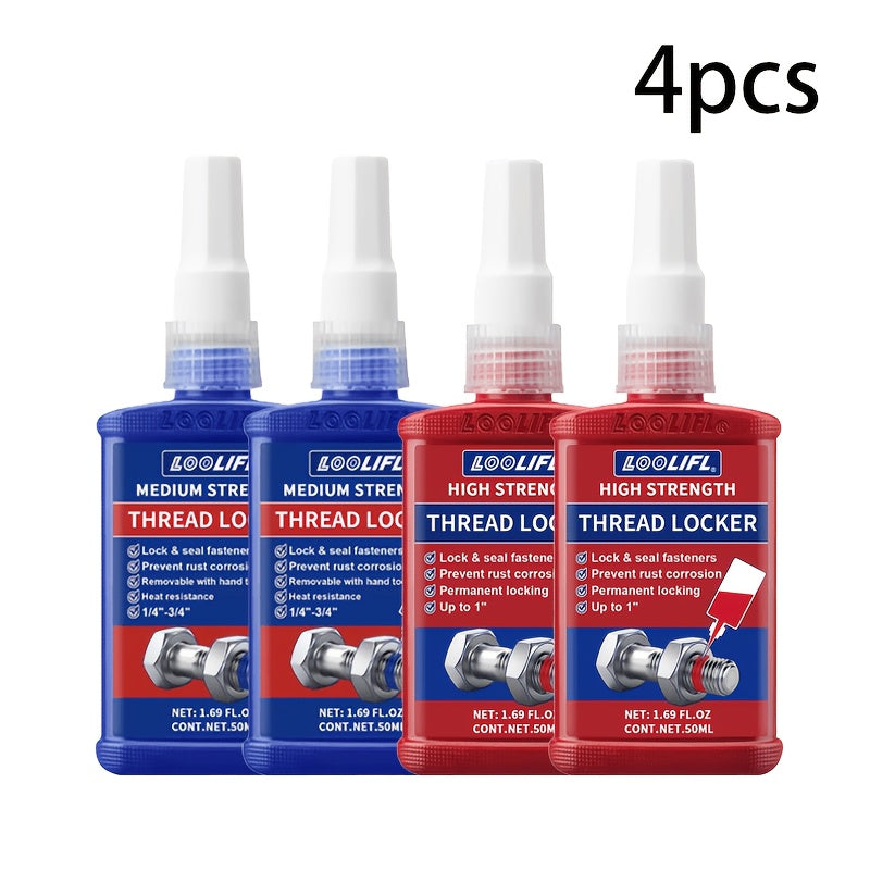 2/4pcs Thread Locking Adhesive Anaerobic Screw Locking Agent, Blue And Red Threadlocker with Anti-Loosening Anti-Vibration Anti-Rust Properties, Oil Resistant High Temperature Resistant, Secure Bond for Metal Plastic Stainless Steel Threads