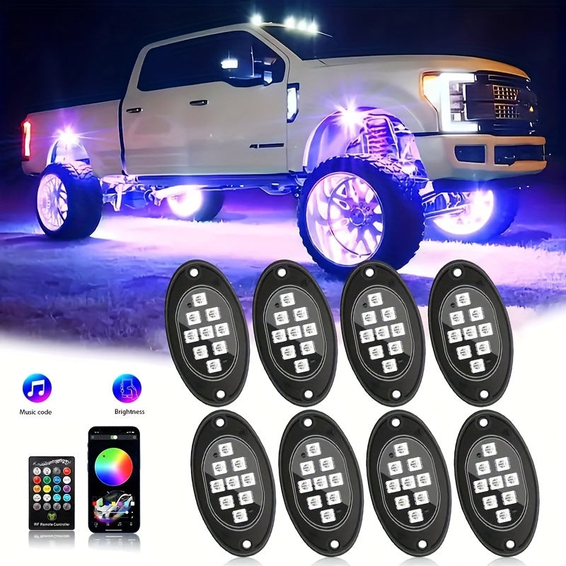 [RGB LED Rock Lights] 4/8/10pcs Rock Lights for Trucks RGB LED Rock Lights Kit With, APP/Remote Control & Music Mode, Wireless Remote Controller, Multicolor Cars Underglow, Footwell Neon Light Kits for Pickup Off Road RZR SUV ATV UTV Car