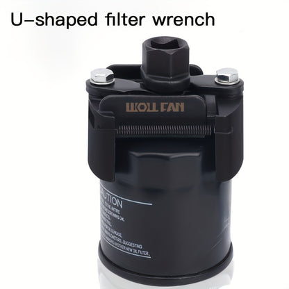 Adjustable Oil Filter Wrench, German U-Shaped Multi-Function, Two-Jaw Reversible Mechanism, Black Metal with Hex Socket and Adjustment Knob for Engine Maintenance