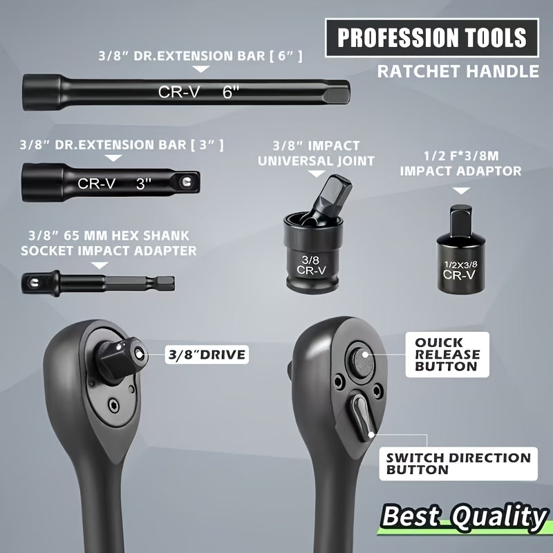 92/50/15pcs 3/8 Inch Drive Impact Socket Set, Metric (8-22 Mm), SAE (5/16 - 3/4 Inch), 6 Points, Cr-V Material, With Adapter Ratchet Handle And Storage Box - Professional/maintenance Personnel Set, A Great Choice For Daily Use And As A Gift.