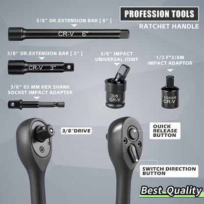 92/50/15pcs 3/8 Inch Drive Impact Socket Set, Metric (8-22 Mm), SAE (5/16 - 3/4 Inch), 6 Points, Cr-V Material, With Adapter Ratchet Handle And Storage Box - Professional/maintenance Personnel Set, A Great Choice For Daily Use And As A Gift.