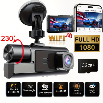1080P Triple Camera Dash Cam, Car Camera with IR Night Vision, 170° Wide Angle Car DVR Camera, 16GB/32GB TF Card Optional, Loop Recording, G-Sensor | 2-Inch IPS Screen Dual Lens Car Dashboard Video Cam, 24H Parking Mode, Christmas Gift