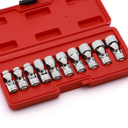 10pcs 3/8 Inch Drive Universal Joint Socket Set, 6 Point, Metric, 10mm, 11mm, 12mm, 13mm, 14mm, 15mm, 16mm, 17mm, 18mm, 19mm, Swivel Socket with Flexible Wobble, CR-V, 3/8"Drive Universal Flex Socket Set, Mirror Chrome Finish