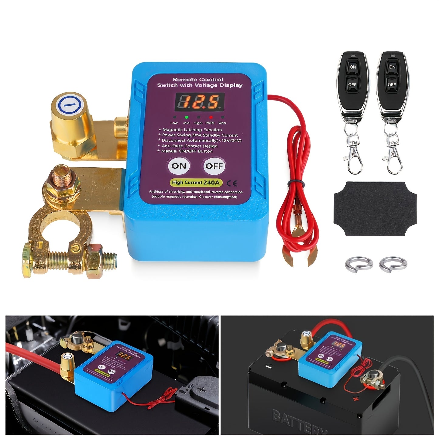 12V 240A Remote Battery Disconnect Switch with Two Remote Controllers, Upgraded Smart Voltage Vehicle Power Cut-Off Switch Featuring Magnetic Lock Design, Anti-Theft and Anti-Misoperation Functions to Prevent Battery Drain, Suitable for Horizontal