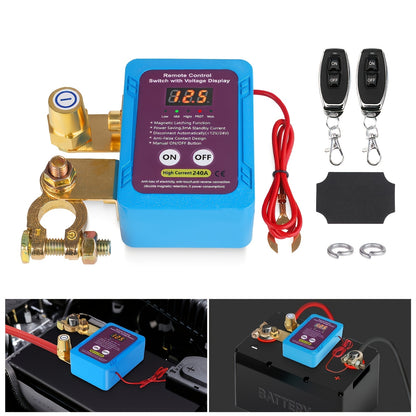 12V 240A Remote Battery Disconnect Switch with Two Remote Controllers, Upgraded Smart Voltage Vehicle Power Cut-Off Switch Featuring Magnetic Lock Design, Anti-Theft and Anti-Misoperation Functions to Prevent Battery Drain, Suitable for Horizontal