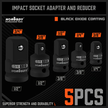 HORUSDY 5 PC Impact Socket Adapter Set - Standard SAE Size, Cr-V Steel, Impact Driver & Wrench Conversion Kit, Locking Impact Socket Adapters & Reducer Set, Ball Detent 1/4 3/8 1/2 3/4 Inch - For Mechanics & DIY Enthusiasts - Ideal for Automotive Repair &