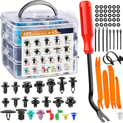 680pcs+ 45pcs Of Tools, Universal Automotive Bumper Fixing Clips, Car Door Panel Clips, Push Fender Rivet Expansion Screws Replacement Kit, Automotive Fastener Assembly with Fastener Removal Tools