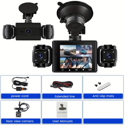 Black Friday Offer, 2.4-Inch 1080P Car Camera, Four-Channel Recording, Three-Screen HD Car Camera, Features 480P Images from Left, Right, And Rear, Plus Motion Detection, Night Vision, And Wide Dynamic Range, Optional 64GB Memory Card