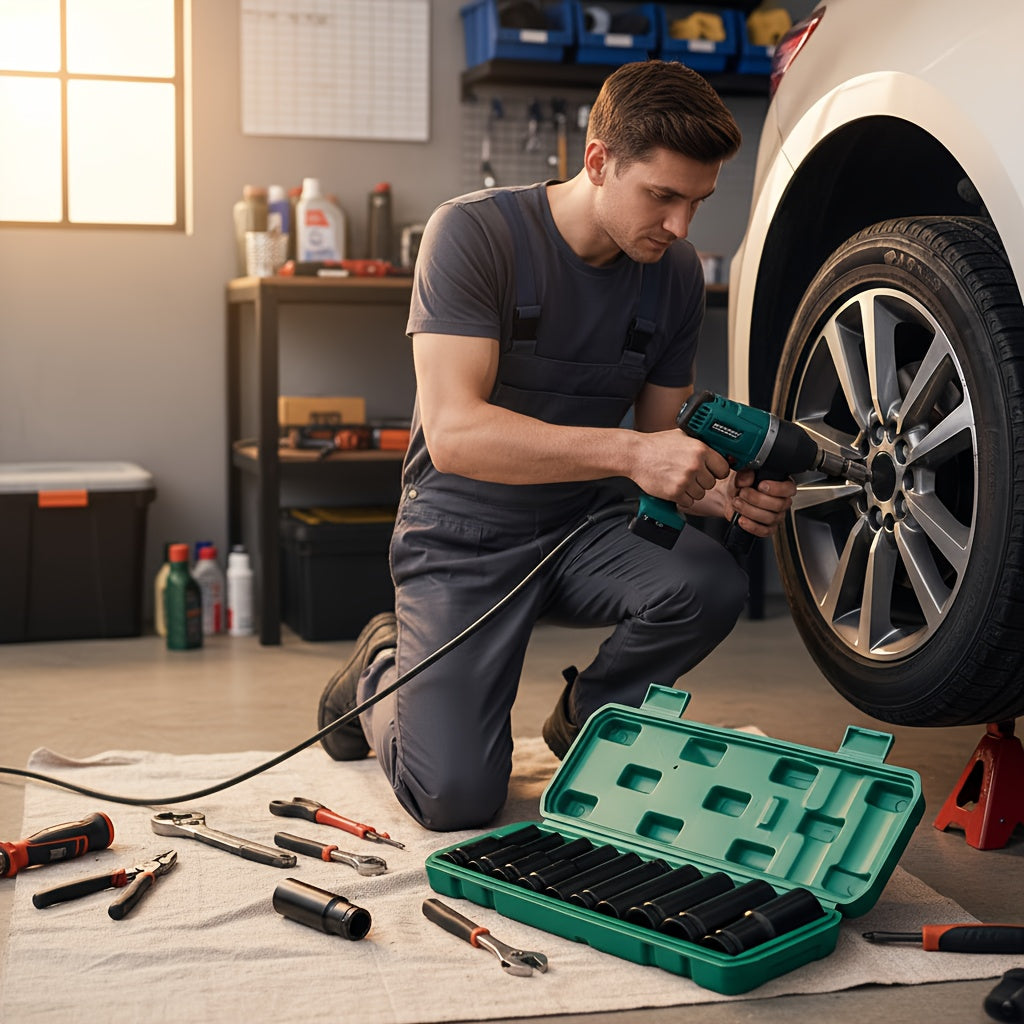 1/2-Inch Deep Impact Socket Set with Sturdy Green Storage Case, Pneumatic& Electric Drill Compatible, Ideal for Tire Removal, Mechanical Repair& Auto Maintenance