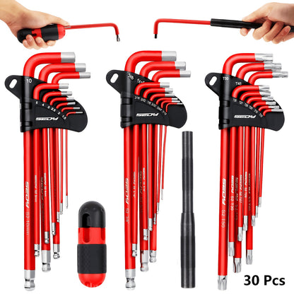 30pcs Long Arm Ball End L-Hex & Torx Key Set with Grip Handle, Ultimate Hex Key Wrench Set with T-Handle And Extension Bars, SAE 1/16" to 3/8", Metric 1.5mm to 10mm, Torx T10 to T50 Father's Day Gift for Dad Husband DIY Lovers