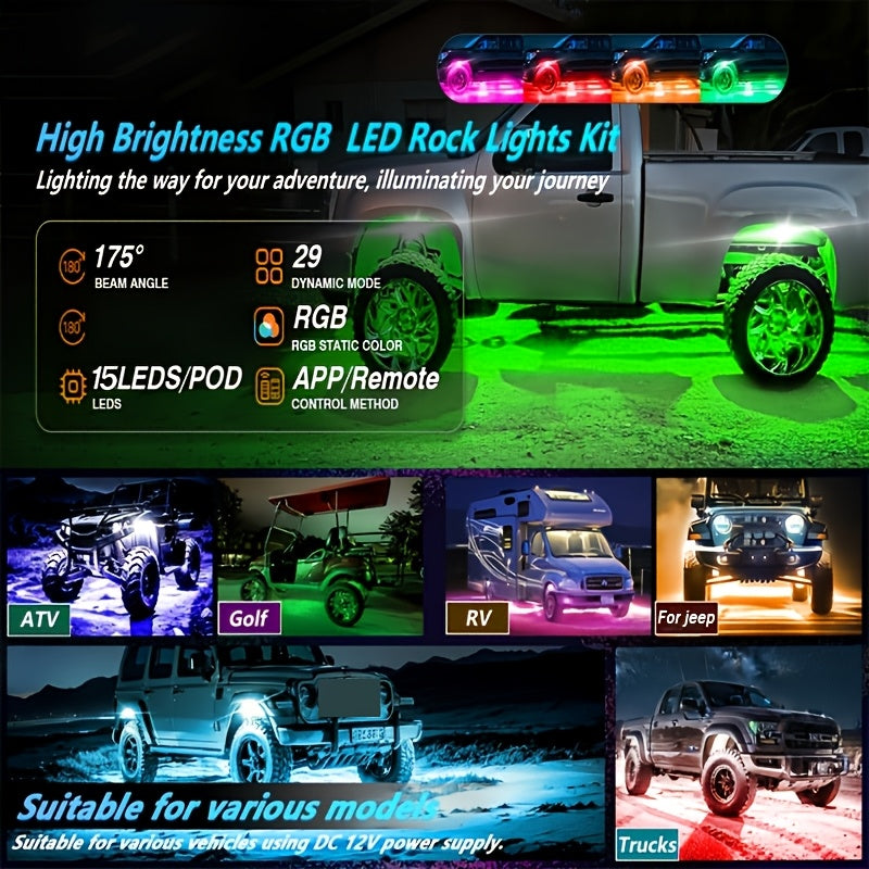 [LED Rock Lights] 8pcs And 4pcs - 15 LED/8 Pods Metal Alloy Upgraded LED Rock Lights, Suitable for Trucks, RGB LED Rock Lights with APP/Music Mode, Suitable for Jeeps, Trucks, UTVs, SUVs And Golf Carts, Neon Light Chassis Kits for Backlights, Car Accessor