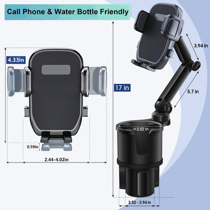 Cup Holder Phone Mount, 2-In-1 Cup Holder Expander for Car Long Arm with 360° Rotation Cup Holder Cell Phone Holder for Car Compatible with All Smartphones