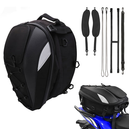 Versatile Motorcycle Rear Bag, 5.81-10.04gal - Synthetic Faux Leather Helmet Backpack with Storage Compartments & Reflective Straps for Off-Road Bikes, Street Motorcycles, And Motorbikes