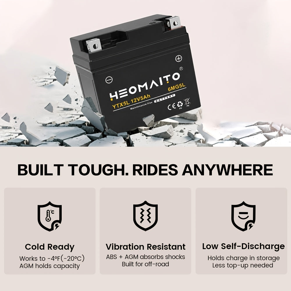 HEOMAITO 6MG5L-YTX5L 12V 5Ah Sealed Battery, Maintenance-Free Power, for AGM, Motorcycle CTX5L Battery for Honda YUASA for Yamaha ETX5L-B