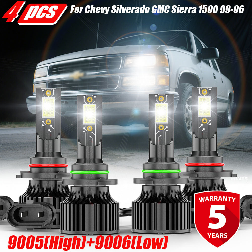 2/4/6pcs LED Headlight Bulbs Combo 9005+9006 Fit for Chevy Silverado for GMC Sierra 1500 1999-2006 High Low Beam, 12V 24V 230W Two-sided Ultra Bright COB Chip, Without Battery, Automotive Lighting, Clear Beam Lights, Highperformance Bulbs