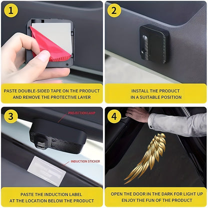 4pcs Yellow Angel Wings Car Door Welcome LED Projector - Vivid LED Lights for Cars, Bicycles, Etc., Battery Powered, Easy to Install, Car Decorative Lights | Decorative Angel Wings Head Door Sign Light, Without Battery