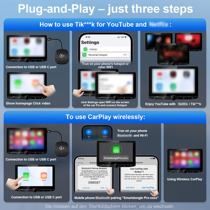 Wireless Carplay Adapter, 2.4G Wireless And 5Ghz Wifi Dual Band, Supports Netflix, Youtube, And Streaming, for OEM Wired Carplay to Wireless Adapter, for 2016 And Above Cars And Ios 10+ Phones