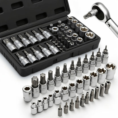 34/34+12pcs 3/8'' Drive Torx Star Bit Sockets CR-V E-Socket Set, E4-20, T10-60, Tamper Proof Set TT10-TT55, 5/16"F to 3/8"M Adapter with Storage Case,S2 Steel, Ideal for Car,Trucks,Home Improvement