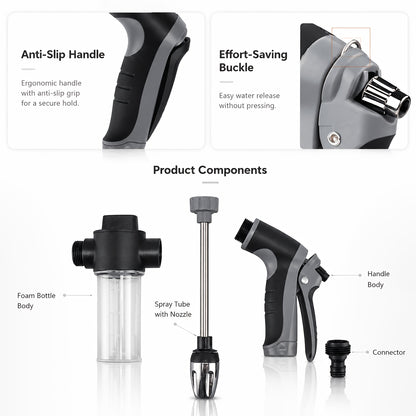 Final English Title:3pcs Long Spray Gun Set with Foam Bottle & Car Wash Towel, Multi-Function Adjustable Nozzle, Detachable Foam Bottle, Easy to Connect for Car Washing, Yard Cleaning & Garden Watering