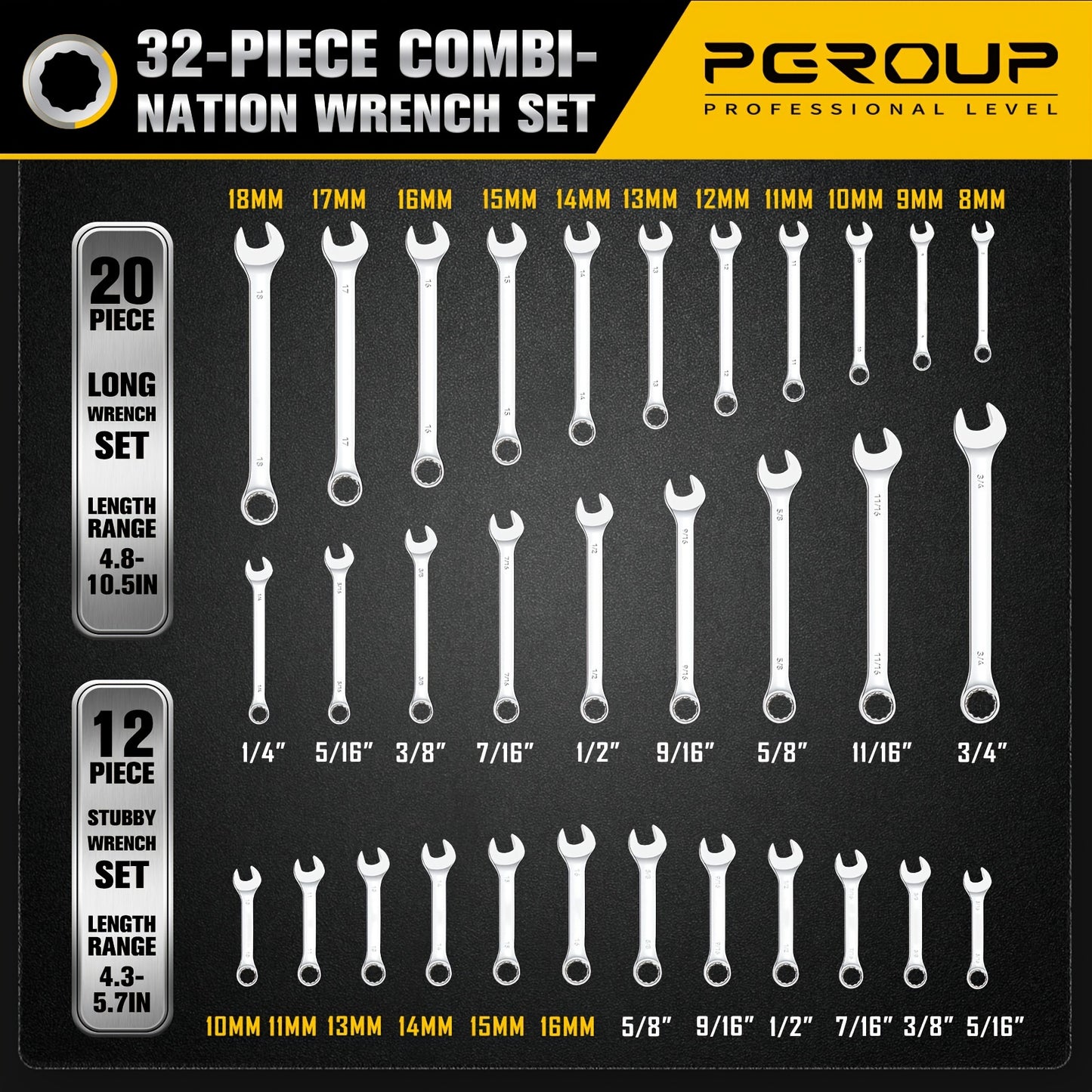 32pcs SAE & Metric Combo Wrench Set (20 Long & 12 Short-Reach Wrenches), 14pcss Premium Metric (6 - 19mm) & 14pcss SAE (1/4" - 15/16") Combo Wrenches With Open & 12-Point Box Ends, CR-V Steel, Mirror Chrome Polished