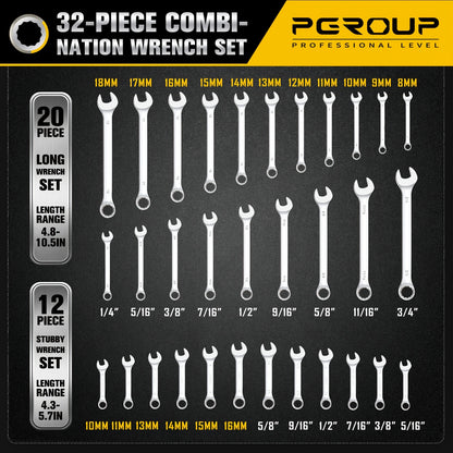 32pcs SAE & Metric Combo Wrench Set (20 Long & 12 Short-Reach Wrenches), 14pcss Premium Metric (6 - 19mm) & 14pcss SAE (1/4" - 15/16") Combo Wrenches With Open & 12-Point Box Ends, CR-V Steel, Mirror Chrome Polished