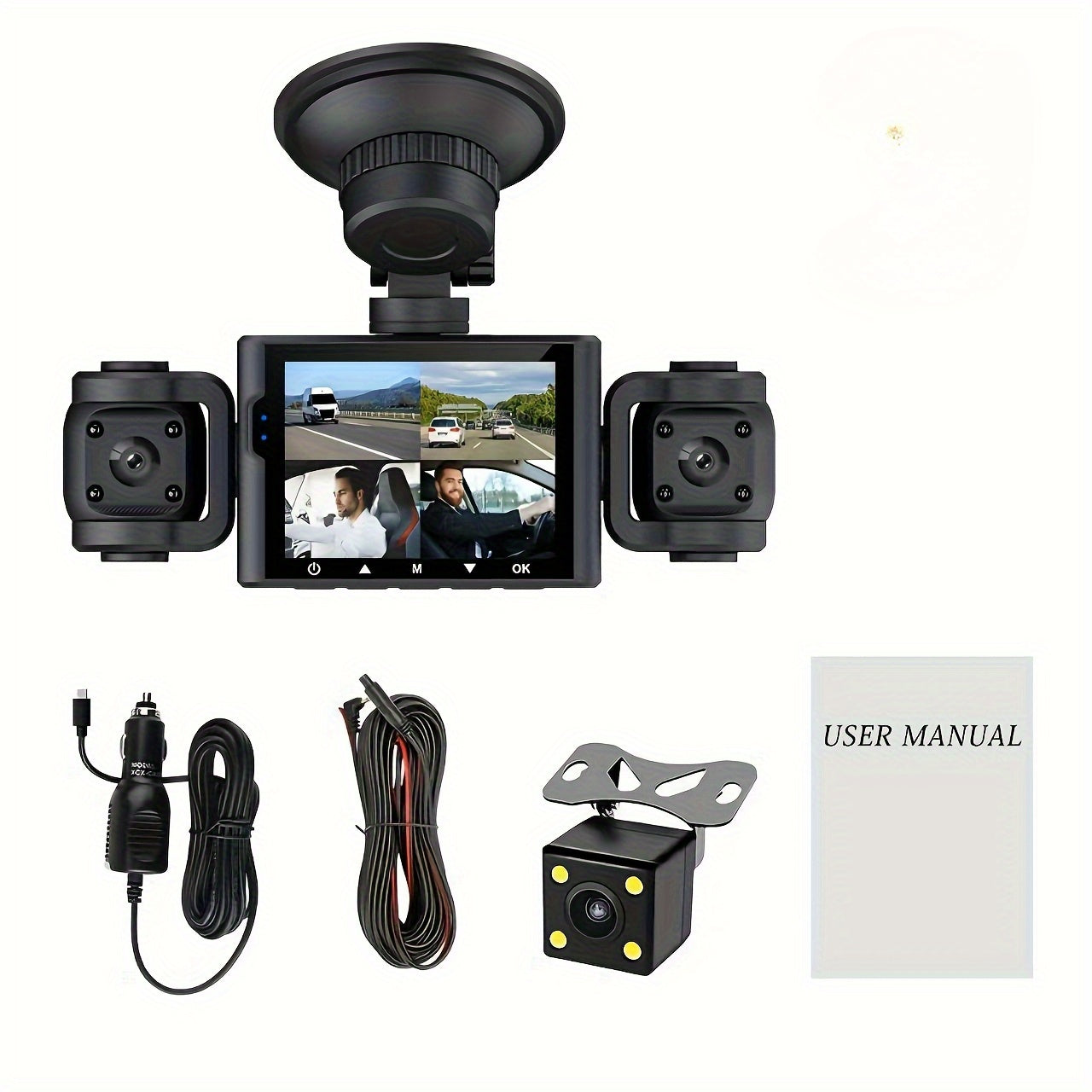 Black Friday Offer, 2.4-Inch 1080P Car Camera, Four-Channel Recording, Three-Screen HD Car Camera, Features 480P Images from Left, Right, And Rear, Plus Motion Detection, Night Vision, And Wide Dynamic Range, Optional 64GB Memory Card