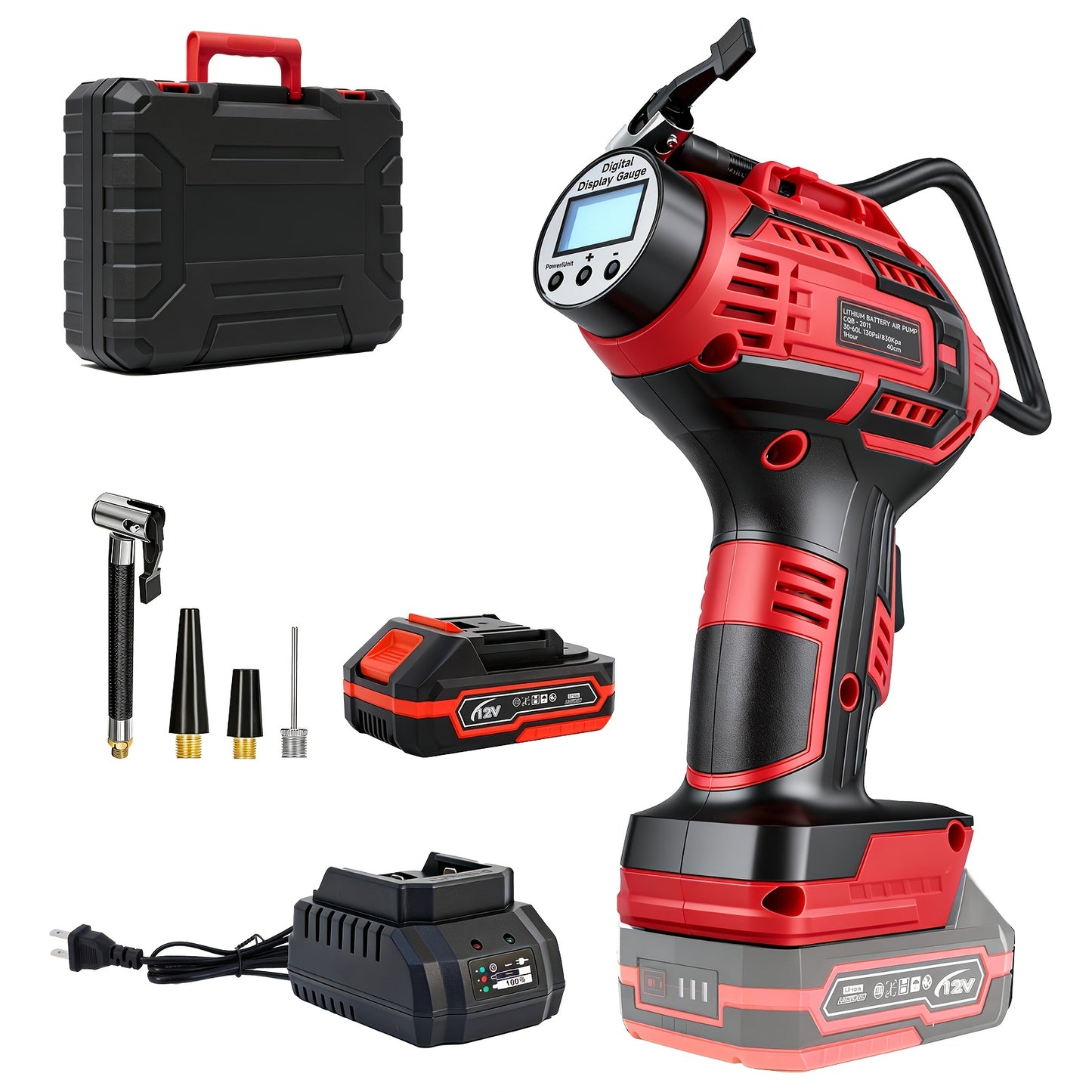 20V Portable Air Compressor, 980kPa Tire Inflator with Digital Display, Powered by NO/One/Two 1500mAh Rechargeable Battery, Includes 12V Car Adapter & Mini USB Connector, for Cars, Motorcycles, Bicycles, and Sports Balls