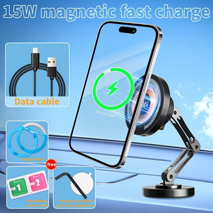 Magnetic Car Mount with 15W Fast Charging, 360° Rotation, Universal Compatibility, Foldable Stand, and Super Magnetic Attraction for Most Smartphones, Without Battery