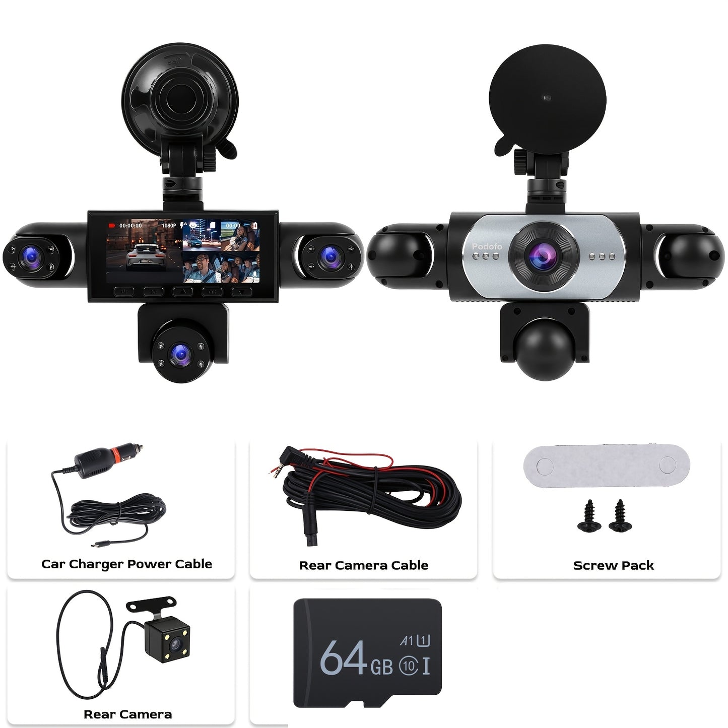 PODOFO Vehicle-Installed 5Lens/4lens High-Definition Dash Cam, Featuring 1080P Front And Front, Rear, Left, And Right, Providing 360° Comprehensive Coverage, Reverse Image Loop Recording, Car Camera/Car Additions/Monitoring System, Without Battery