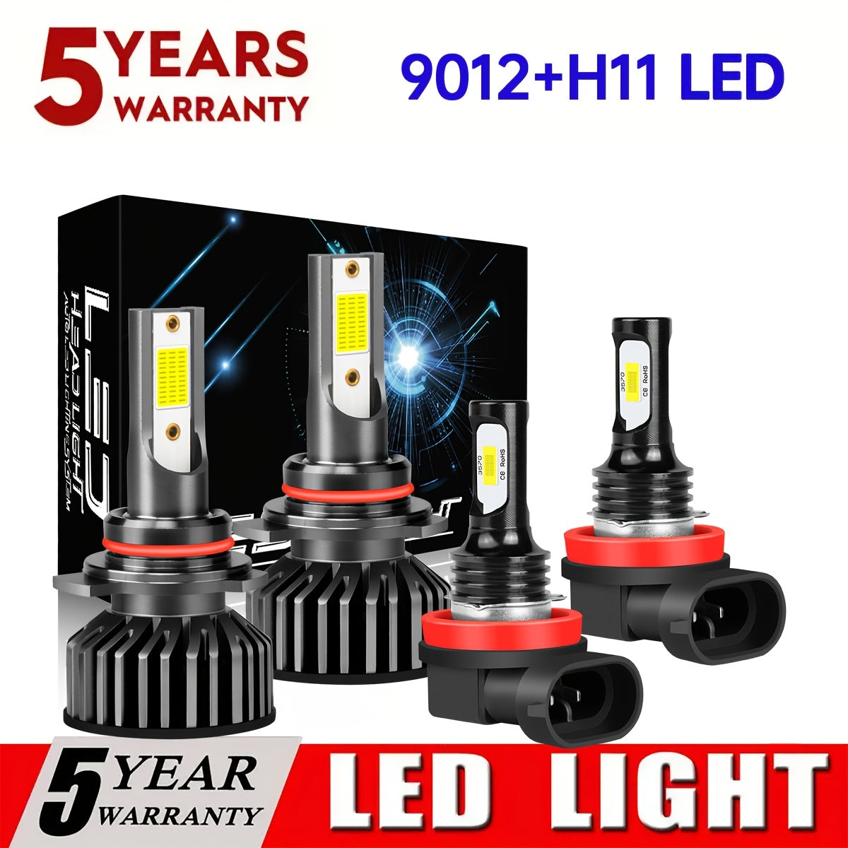 9005+9006 / 9012+H11 LED Headlight Bulbs High Low Beam Bulbs Combo Super Bright White, Pack of 4, Chip New Upgraded Design LED Plug-N-Play Bulbs, up to 50000 Hours, 9005+9006, 9012+H11