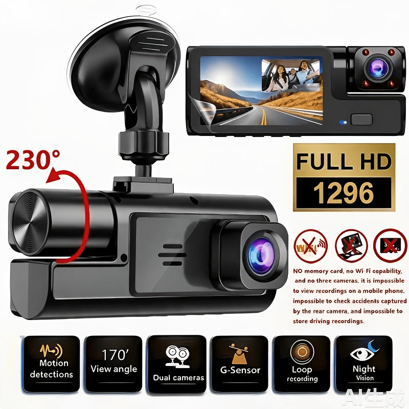 1080P Triple Camera Dash Cam, Car Camera with IR Night Vision, 170° Wide Angle Car DVR Camera, 16GB/32GB TF Card Optional, Loop Recording, G-Sensor | 2-Inch IPS Screen Dual Lens Car Dashboard Video Cam, 24H Parking Mode, Christmas Gift