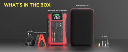 Portable Car Jump Starter with Air Compressor, Jump Starter for Car, 5000A Peak(2.11gal Gas, 1.72gal Diesel) with 150 PSI Tire Inflator, 12V Car Battery Jump Power Pack, Car Jumper Starter Portable, 5in 1 Function Jump, Battery Charger, Smart Cables