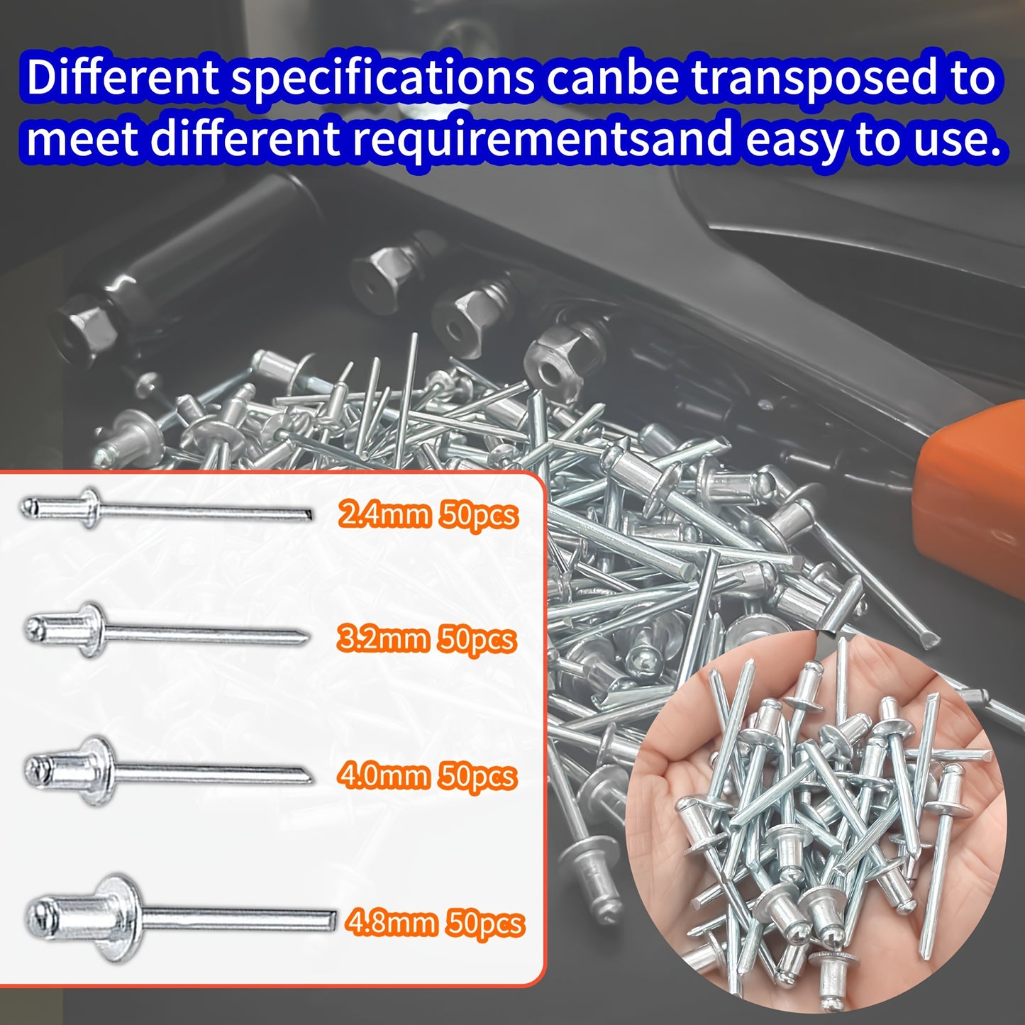 4-in-1 Hand Riveter Gun Kit with 200 Rivets - Heavy-Duty Pop Rivet Tool, 4 Interchangeable Nosepieces & Multi-Size (3/32”, 1/8”, 5/32”, 3/16”) for Metal Riveting - Compatible with Automotive,, - Rivet Gun Kit for Metals