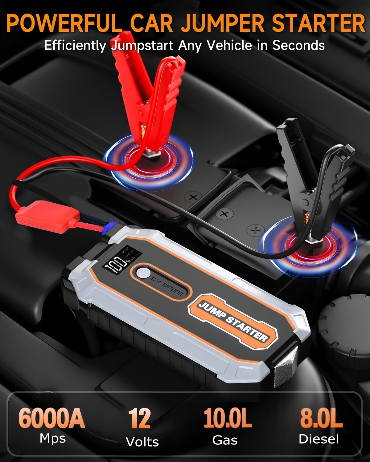 6000A Peak All-in-One Heavy-Duty Jump Starter with USB Ports & LED Flashlight - 12V Lithium-Ion Fast-Charging Portable Power Bank, Compact & Portable with Safety Hammer, 12V for Cars, SUVs, Trucks, Motorcycles, Boats, RVs, ATVs, Emergency Use