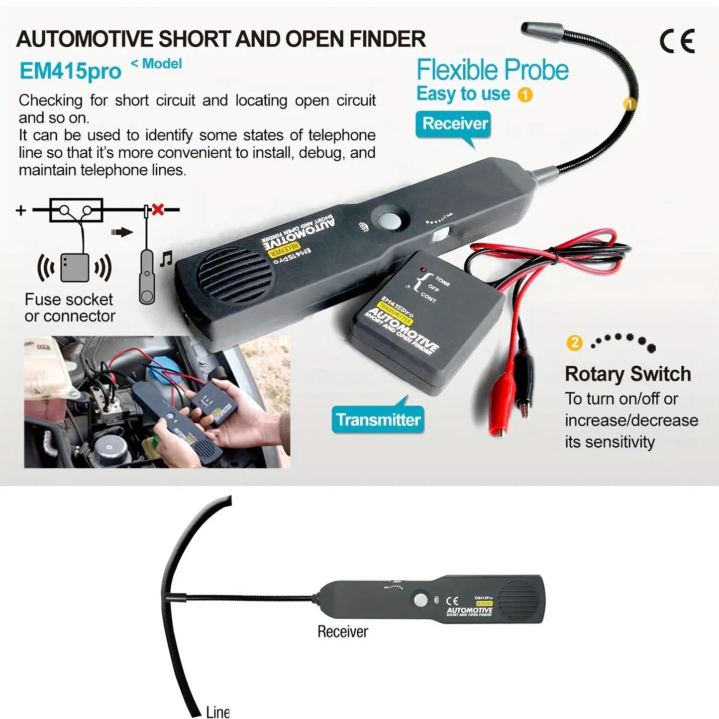Car Short Circuit and Open Circuit Finder EM415PRO Car Short Circuit Detector Car Repair Tool Detector for Tracing Cables or Wires